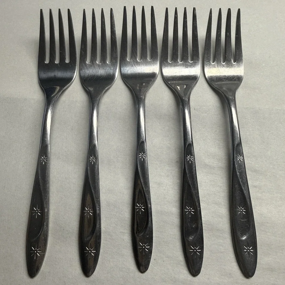 5 International Silver Americana Star Stainless USA salad dessert forks Flatware